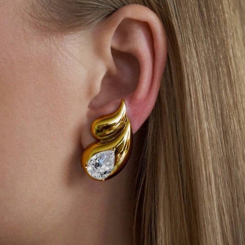 2/$30🌵 Gold Double Flame Teardrop Crystal Stone Earrings Studs Jewelry Gift NEW